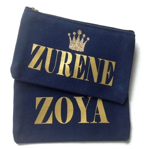 Glitter Crown Personalised Name Canvas Pouch in Navy