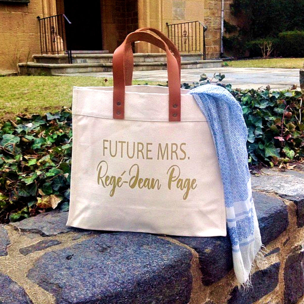 Future Mrs Personalized Canvas Tote Bag With Leather Straps