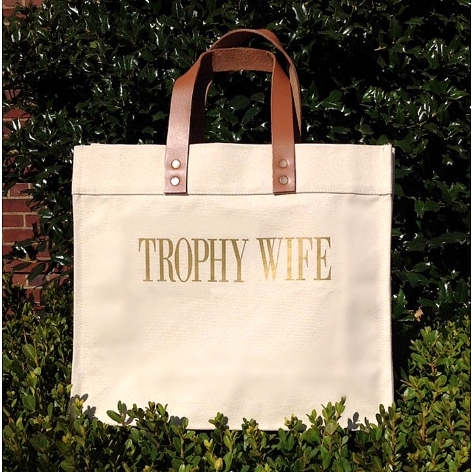Trophy Wife Canvas Tote Bag With Leather Straps
